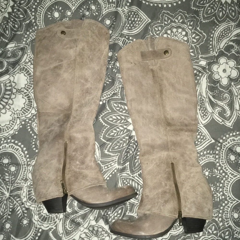 Fergie beige leather knee high heeled boots